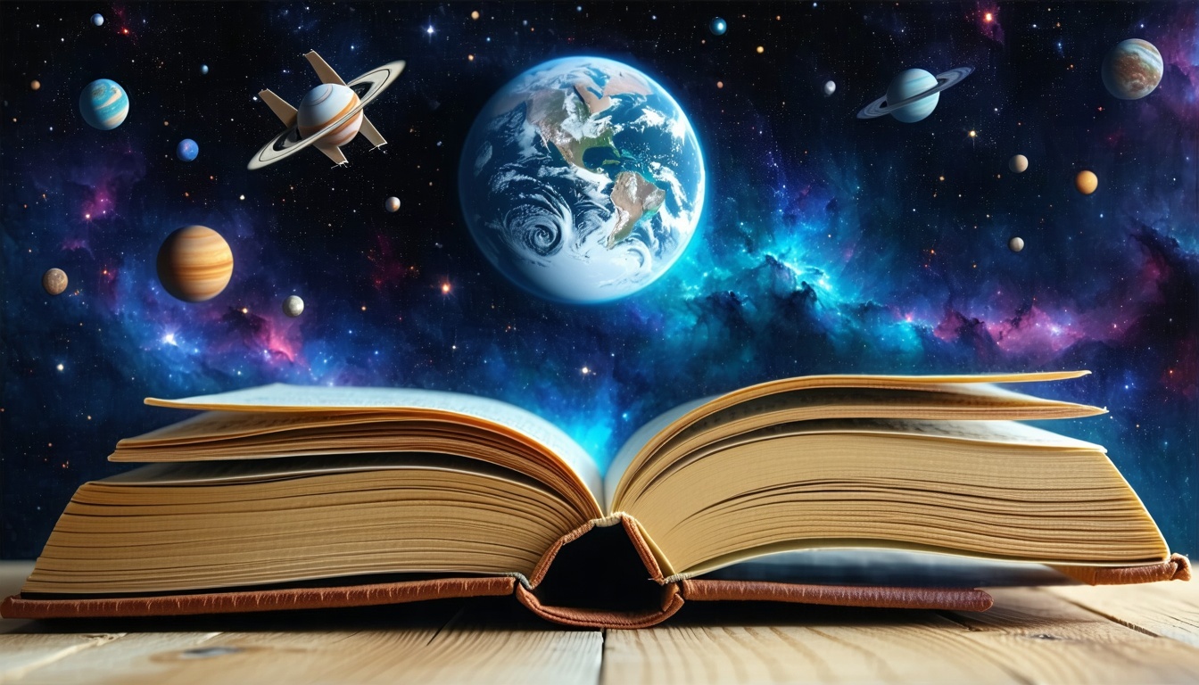 world of different books like anime style in outer